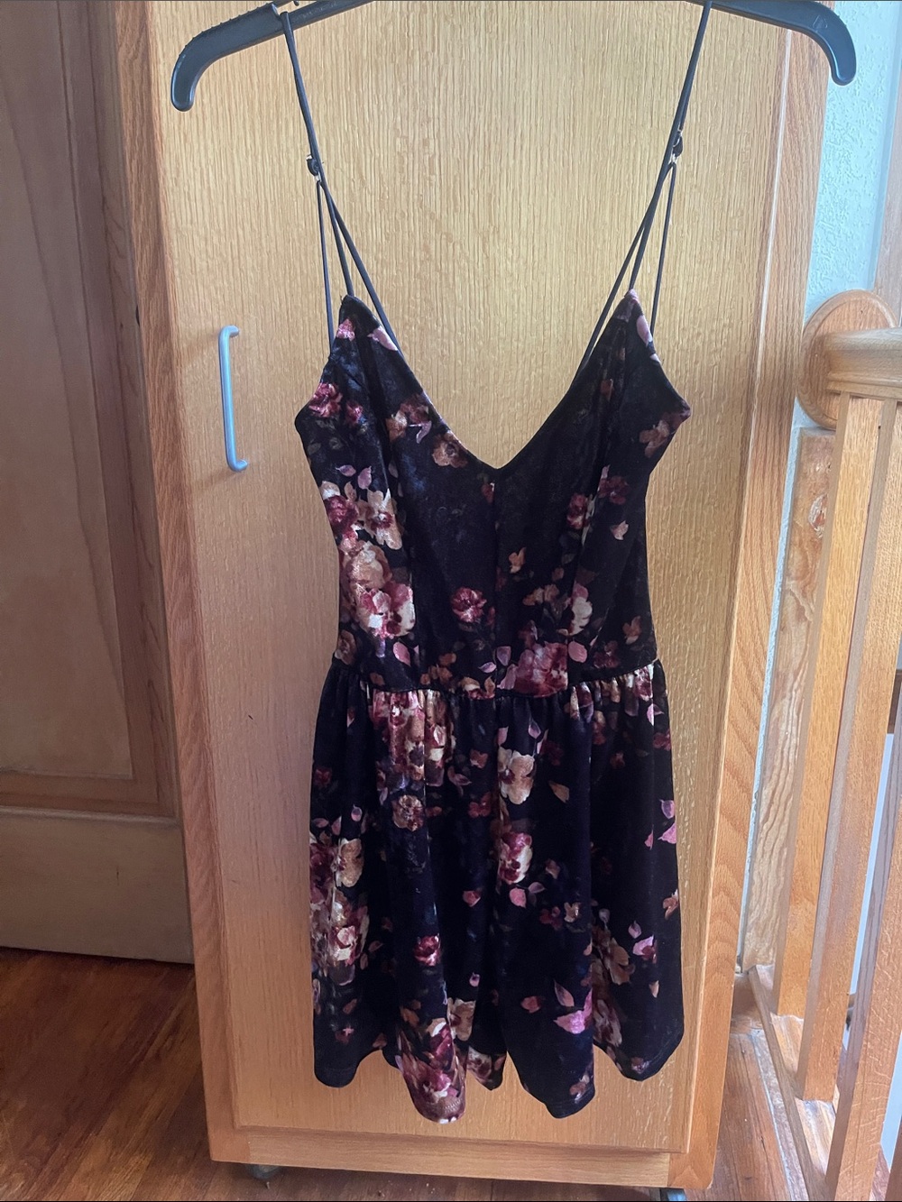 La Hearts Black Floral Velvet Spaghetti Strap Romper
